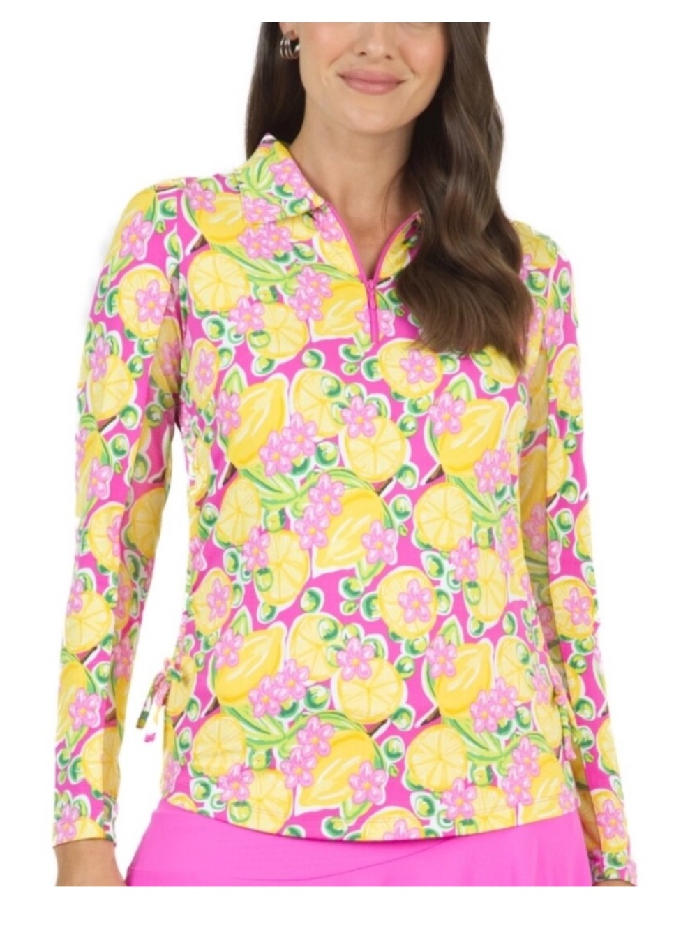 Ibkul | Hot Pink Multi Lemon Print UPF50 Quarter Zip | L
